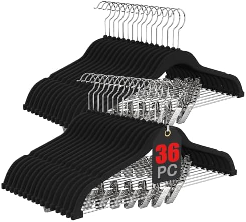 Korpai 36-Pack Black Velvet Hangers with Clips Adjustable,Adult Hangers,Outfit Hanger,Heavy-Duty,Felt,Non-Slip,Space Saving, for Pants, Skirts, Suits,Coats, Dresses ect. by DoWhatYouWanttoDo