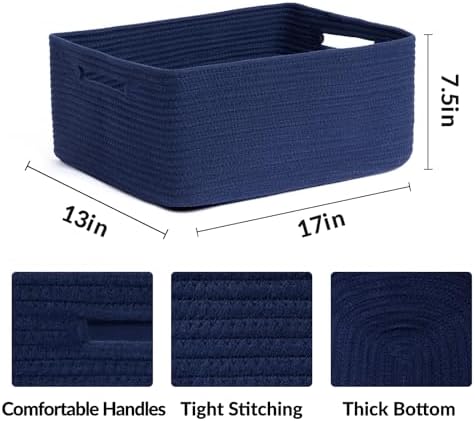 MiniArk Large Storage Baskets for Shelves, 17 x 13 x 7.5” Closet Organizers Bins for Clothes Blanket Towels, Baby Nursery, Toy Baskets Box, Woven Rope Baskets, 3 Packs Navy Blue - Image 2