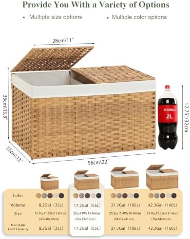 SETVSON Storage Basket with Lid Rattan Woven Storage Baskets with 2 Separate Lids, 17.2 Gallon (65 L), 22 x 13 x 13.8 Inches,Foldable, 2 Removable Liner Bags Handles for Bedroom, Laundry Room Natural - Image 2