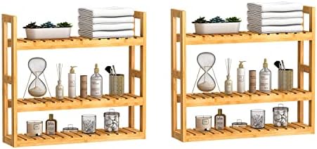 Domax Bathroom Wall Shelf - Over Toilet 3 Tier Storage Rack Adjustable Layer Multifunctional Utility Wall Mounted Towel Shelves Living Room Kitchen (Bamboo-Pack of 2) by Domax
