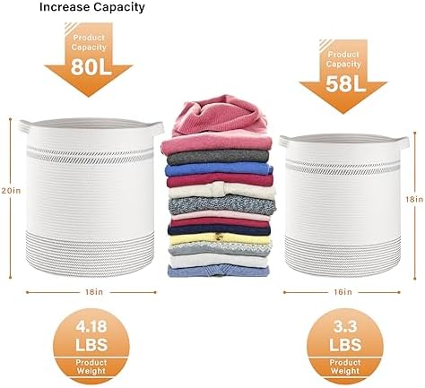 OIAHOMY 80L Laundry Basket, Laundry Hamper, Cotton Rope Storage Basket with Handles, Decorative Woven Basket for Living Room,Storage Baskets for Clothes, Blankets, and Toys -20''×18'', White&Gray - Image 4