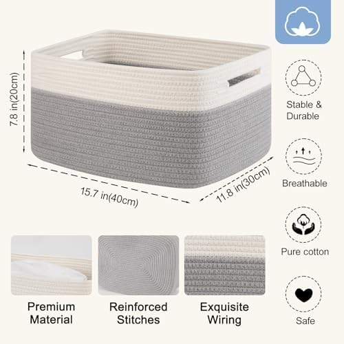 4 Pack Storage Baskets for Organizing, Woven Baskets for Shelves - Perfect for Toys, Books, Towels, and Clothes, Durable Gift Basket Bins Toy Storage, 15.7''Lx11.8''Wx7.8''H, Grey and White - Image 2