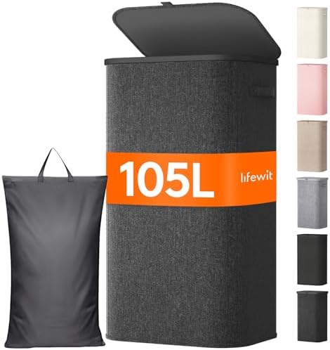 Lifewit 105L Large Laundry Basket with Lid, Laundry Hamper with Plastic Handles and Removable Bag, Foldable Tall Dirty Clothes Hampers for Laundry for Laundry Room, Bedroom, Bathroom, Dorm, Dark Gray by Lifewit