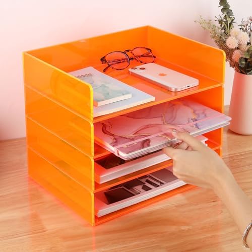 Gelite Acrylic File Organizer for Desk 4 Tiered Stackable Letter Tray Office Paper Storage Desktop Document Sorter, Neon Orange - Image 4