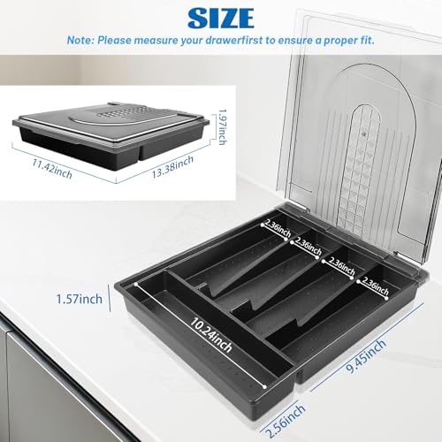 5-compartment kitchen utensil storage box with transparent lid - a fixed-compartment cutlery tray for kitchen drawer storage, a dust-proof container for forks, spoons, and knives - Image 2