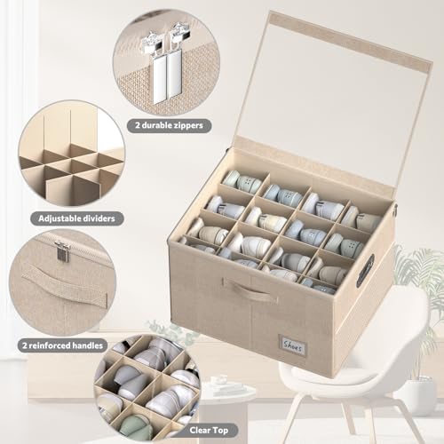 2 Pack Shoe Organizer for Closet Large Shoe Box Storage Containers with Clear Window Space Saving Shoe Bin with Foldable Bottom Support Adjustable Dividers Fits 32 Pairs (Beige, (19.7x15.7x13inch)x2) - Image 6
