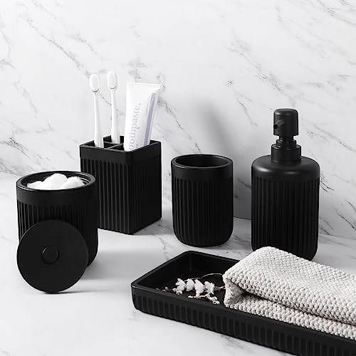 XLHOMO Resin Matte Black Bathroom Accessories Set 5 Pcs, Lotion Soap Dispenser, Toothbrush Holder, Bathroom Tumbler, Qtip Holder and Vanity Tray, Bathroom Countertop Organizer Set for Home Apartment by BetterbathroomwithXLHOME
