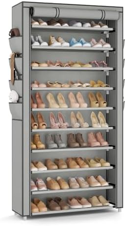 VTRIN Tall Shoe Rack with Cover, 10 Tier Shoe Organizer Storage for 50-55 Pairs Shoes and Boots Large Capacity Shoe Shelf with 8 Pockets Free Standing Shoe Rack for Closet, Entryway, Garage, Grey by VTRIN