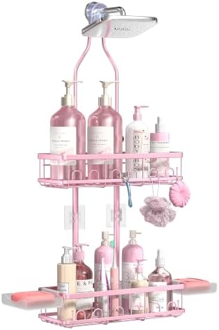 Skyapex Shower Caddy Hanging: Adjustable Height No Blocking to Shower Head - Shower Caddy Over Showerhead Shower Organizer - Rustproof Shower Shelves with Hooks 2 Soap Holders, Pink by Skyapex