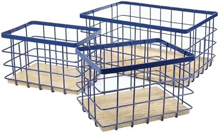 happimess Evvie 3-Piece Wire Metal Wood Nesting Baskets 15", Navy/Natural by Happimess
