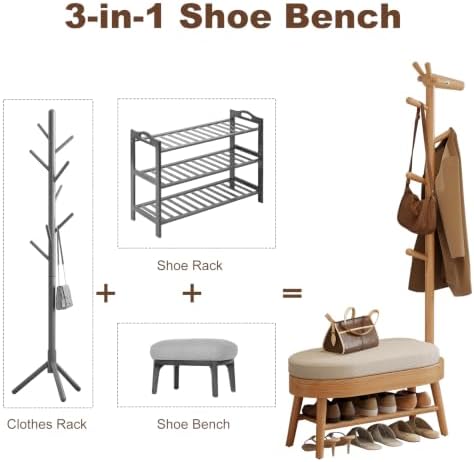 AQIMUELE Shoe Bench with Coat Rack, Shoe Rack with 9 Hooks, Natural - Image 4