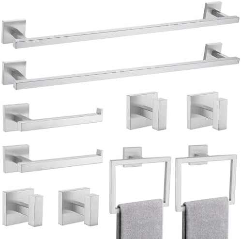 TQKAG Brushed Nickel Bathroom Hardware Accessories Set 10 Pieces, 23.6" SUS304 Stainless Steel Towel Bar Set Wall Mounted Includes Single Towel Bar, Towel Ring, Toilet Paper Holder, Double Towel Hooks by TQKAG