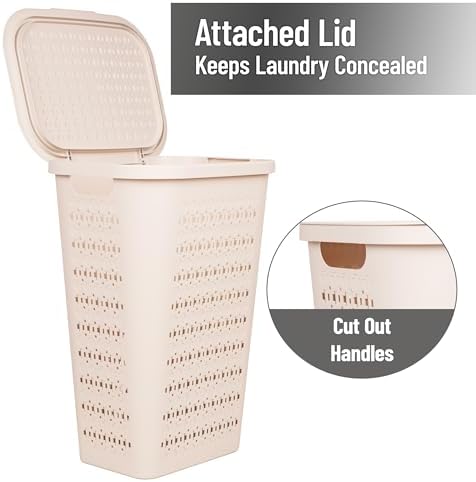 Mind Reader Slim Tapered Laundry Hampers with Lid, Clothes Basket with Swiss Cross Cut-Outs, Lightweight & Ventilated, Plastic, Set of 2, Ivory - Image 6