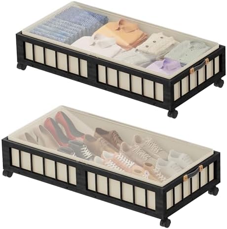 efluky 2-Pack Bamboo Under Bed Storage with Wheels, Rolling UnderBed Storage Basket with Large Dust Bag, Under Bed Storage Containers for Bedroom, Dorm and Basement, Black by efluky