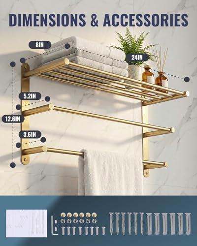 24 Inch Towel Racks for Bathroom: Brushed Gold Towel Rack with Double Towel Bar Wall Mounted - SUS304 Stainless Steel Bath Towel Holder with Shelf for Hotel Lavatory - Image 5