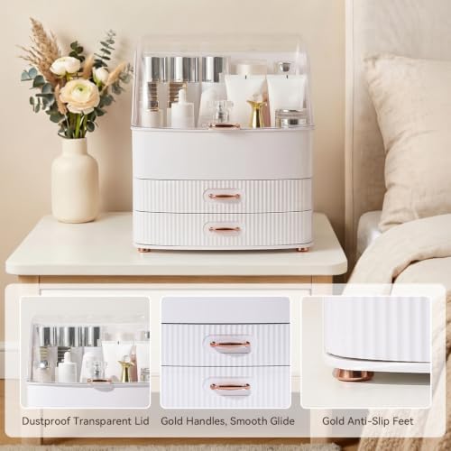Makeup Organizer Countertop for Vanity with Lid and 2 Drawers, White - Image 4