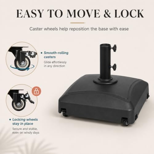 125 Lbs Fillable Mobile Umbrella Base, Heavy Duty Square Stand Built with 4 Rolling Wheels, Stable Outdoor Holder for Patio Deck Lawn and Poolside Market Parasols, Black - Image 6