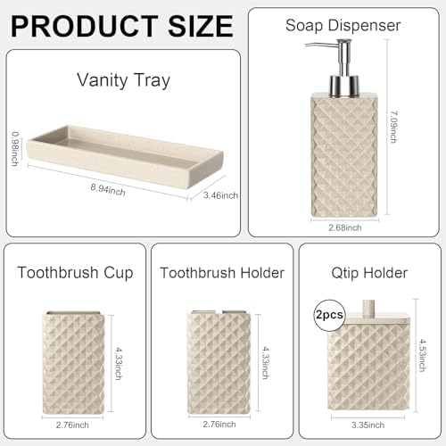 Bathroom Accessories Set Resin 6PCS, Square Toothbrush Holders Set Complete with Soap Dispenser, Vanity Tray, Tumbler, Cups and Cotton Swab Jars (Beige Diamond, Resin Bath 6 PCS) - Image 2
