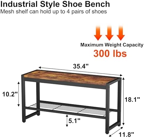 HOMEFORT Shoe Bench, Modern Industrial Shoe Storage Bench, Entryway Bench with Mesh Shelf and Sturdy Metal Frame, Metal Shoe Rack Bench for Hallway, Mudroom, Living Room, Rustic Brown - Image 3