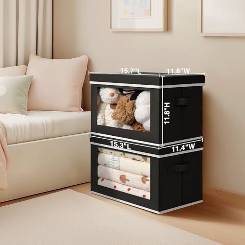Homsorout Large Storage Baskets Bins with Lids - Stackable Cube Bins for Closet, 3 Pack Black Windows Organizer Bins, Home Organizers and Storage for Clothes, CD, Towels - Image 2