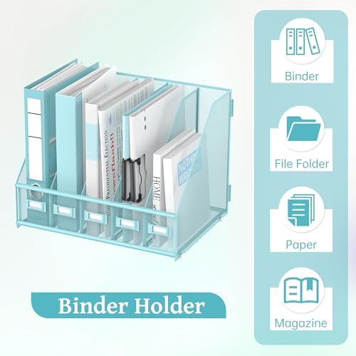 SUPEASY Desk Organizers Metal Desk Magazine File Holder with 5 Vertical Compartments Rack File Organizer for Office Desktop, Classroom, Home Workspace, Blue Plus - Image 6