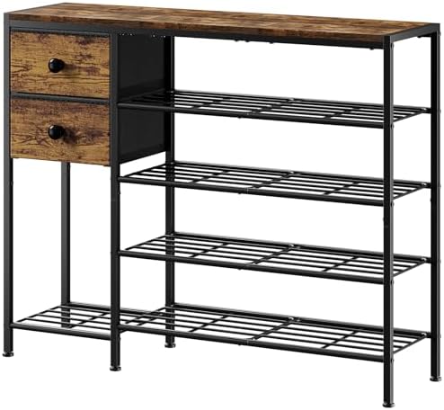 5-Tier Shoe Rack, Side Mesh & 2 Drawers for Closet Rustic Brown by UNITSTAGE