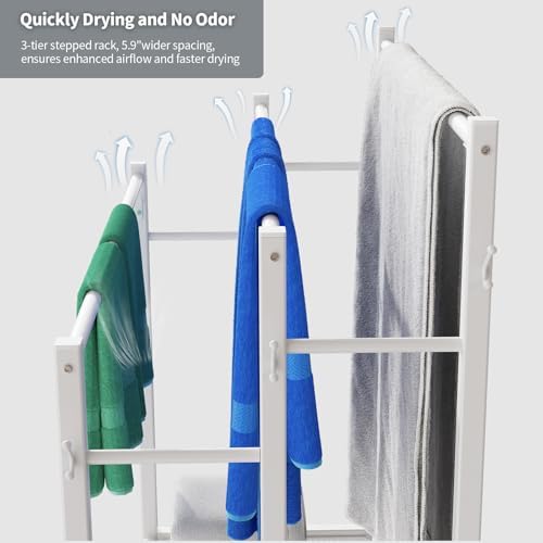 HavenlyYouth 3 Tier Free Standing Towel Rack, Pool Towel Rack with Metal Shelf for Outside, Blanket Drying Holder for Display and Storage in Bathroom, 35.8" H x 31.5" L x 11.8" W, White - Image 5