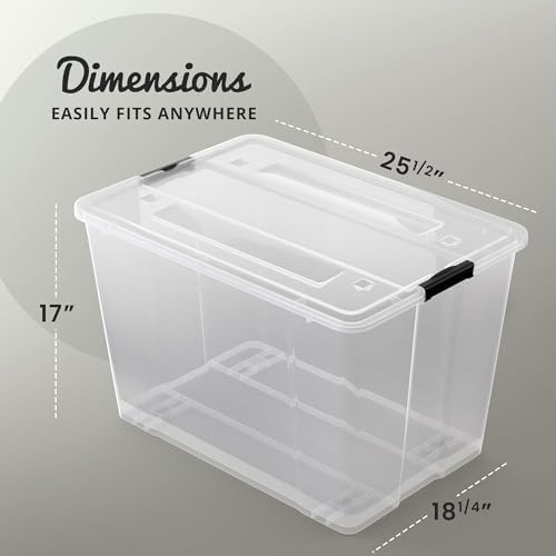 Lifetime Appliance Parts 4 PACK 97 Qt. Plastic Storage Bin Tote Organizing Container with Ultra Durable Lid & Secure Latching Buckles Stackable Extra Strength Clear w/Black Handle - Image 3