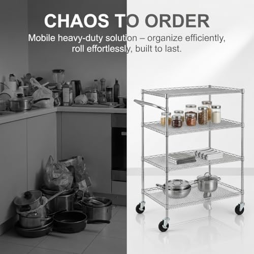 Finnhomy 4 Tier Heavy Duty Commercial Grade Rolling Cart with Handle Bar, Metal Wire Utility Cart with Wheels, Service Trolley on Wheels, Shelf Size 18" D x 30" W, NSF Listed, Chrome - Image 5