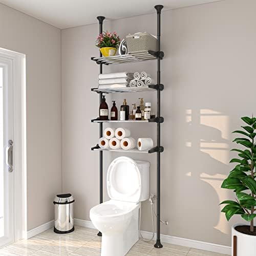 4-Tier Over The Toilet Storage Shelf, 4.5-9.5 FT Adjustable Bathroom Organizer, Heavy Duty Metal Shelves Above Behind Toilet Laundry, Space-Saving Shelving for Small Rooms, No Drill Tenant Friendly by Feblomst