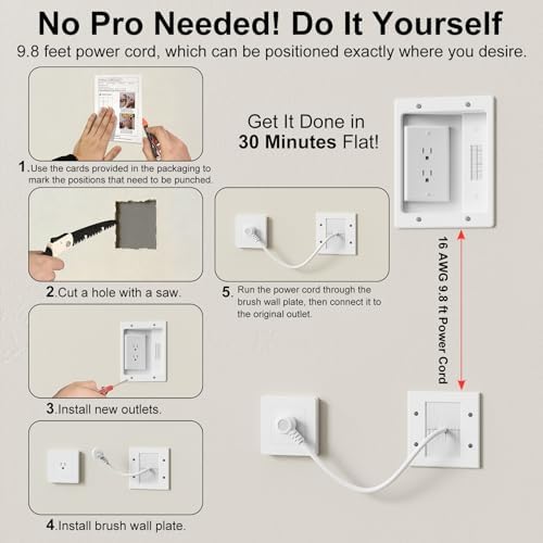 in-Wall TV Cable Concealer Kit with Recessed Power – 2 AC Outlet, 9ft Cord, and Hand Saw – Easy, Safe Cable Management for Organized TV and Home Theater Setups，Easy Installation Kit，Multiple Scenarios - Image 5