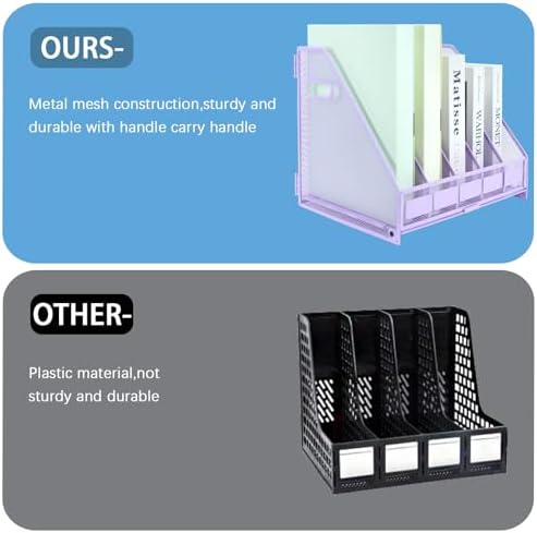 Desk Organizers Metal Magazine File Holder Racks Desktop Folder Storage Binder Organiser Document Organization for Home Office & Classroom,5 Vertical Compartments-Purple - Image 4