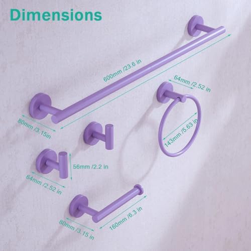Bathroom Hardware Set,Purple 5 Pieces Bathroom Towel Bar Set,24 inch Towel Bar,Towel Ring for Bathroom,Robe Towel Hooks,Toilet Paper Holder Wall Mounted(Drilling),SE96006S-5PP - Image 2