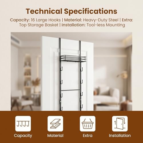 Over the Door Purse Organizer, Wall Mounted Handbag Storage Rack with 16 Hooks and Mesh Basket, Heavy Duty Carbon Steel Bag Holder for Closet, Entryway, Apartment Essentials, Splitable Design, Black - Image 6
