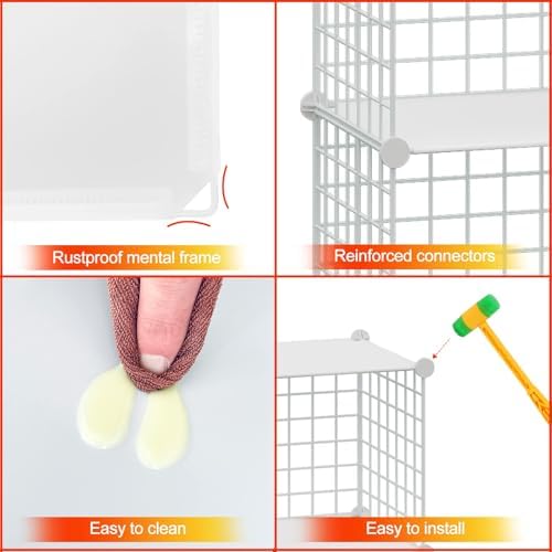 HUBSON Wire Cube Storage Organizer, Book/Toy/Craft/Potted Plants and Pet Closet Organizers, 16-Cube Freely Combinable Metal Grid Storage Shelves, White Plus Iron - Image 5