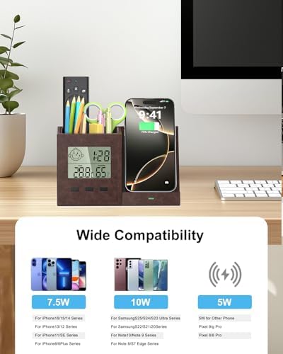Desk Organizer with Wireless Charger, Digital Clock, Thermometer & Hygrometer - Multi-Functional Pencil Holder, Office Desk Accessories Storage Caddy for Home, Office, Men, Women (Battery Included) - Image 6