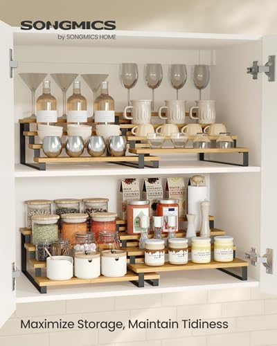SONGMICS Display Risers, Set of 2 Engineered Wood Perfume Organizer Stand, 4-Tier Cupcake Stand Holder, Spice Rack, Shelf Risers for Figures, Dessert Shelves, Natural Beige and Ink Black UKCS216N01 - Image 2