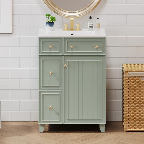 Harper & Bright Designs 24" Bathroom Vanity with Sink, Free Standing Single Basin Vanity Set with Two Drawers and One Door, Modern Solid Wood Bathroom Cabinet with Ceramic Basin for Bathroom, Green - Image 3