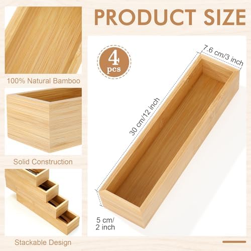 4 Pcs Bamboo Drawer Organizer Stackable Utensil Organizer for Kitchen Bamboo Storage Box Wood Silverware Tray for Drawer, Dresser, Bathroom 12" x 3" x 2" - Image 2