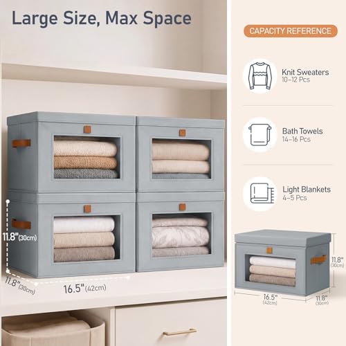 DIMJ Storage Bins with Lids - 4 Pack Front Opening Stackable Fabric Storage Boxes with Clear Window & Handles, Collapsible Closet Organizers for Clothes, Sweaters, Shelf Storage, Bedroom, Gray - Image 6