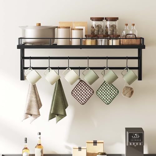 YATINEY Pot Rack, 30 Inch Wall Mounted Pot Rack, Kitchen Pot and Pan Organizer with 2 Tier Hanging Rails, 12 S-Hooks, Space Saving, for Kitchen Cookware Organizer, Black PR02BK - Image 2