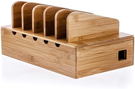 Prosumer's Choice Wooden Charging Station Organizer - 5-Port Base for Phones, Tablets and Laptops - Multi-Device Docking Station with Removable Divider Slots - Cord Box with Cable Management - Bamboo by ProsumersChoice