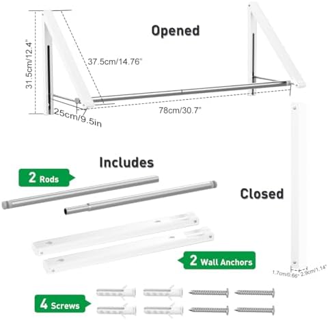 Laundry Room Drying Rack Wall Mounted Clothes Hanger Folding Wall Coat Racks Aluminum Home Storage Organiser Space Savers White 2 Rakcs with Rod - Image 5