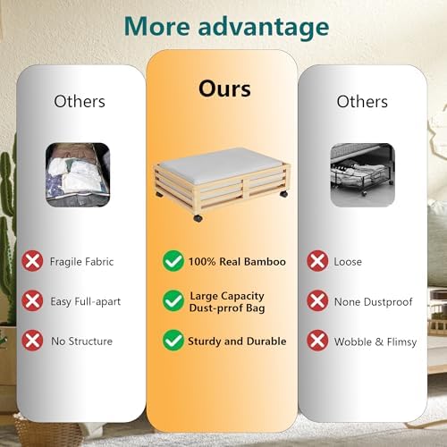 Wisuce 2 Packs Bamboo Under Bed Storage Organizer with Wheels Nature Small - Image 3