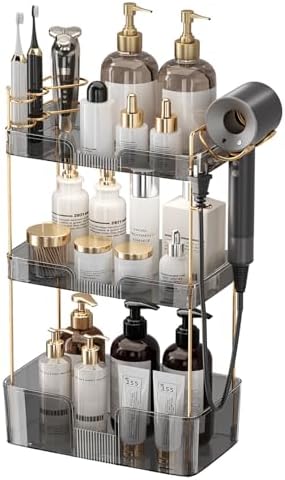 Aveniee Bathroom Counter Organizer,3 Tier Skincare Perfume Countertop Storage with Hair Dryer Rack and Toothbrush Holder, Cosmetic Makeup Tray for Vanity,Grey by Aveniee