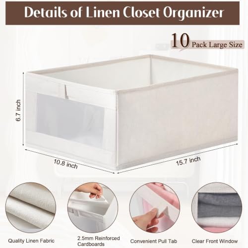 10 Pack Linen Closet Organizers And Storage, Closet Storage Bins for Closet Organization, Linen Closet Baskets Foldable Closet Organizer Bins with Clear Window For Organizing Clothing, Jeans - Image 3