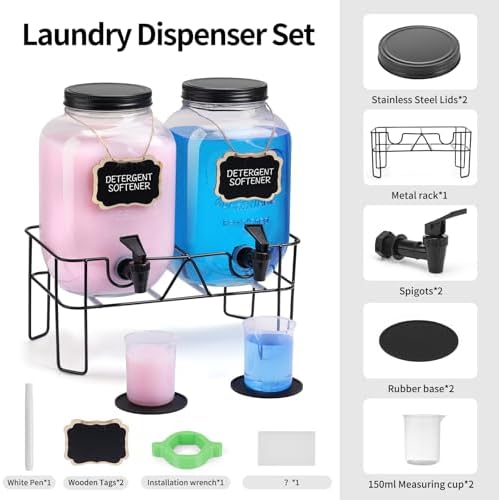 2 Sets 1 Gallon Glass Laundry Detergent Dispenser with Stand, Measuring Cup, Soap Dispenser for Laundry Room, Liquid Laundry Detergent for Liquid Detergent, Fabric Softener - Image 2