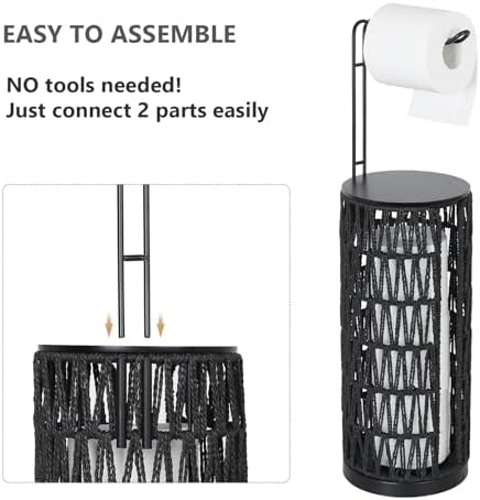 Black Freestanding Toilet Paper Holder with Storage,3 Rolls of Tissue Holder for Bathroom,Handmade Woven Toilet Paper Roll Holder Stand,Rattan Sturdy Boho Bathroom - Image 4