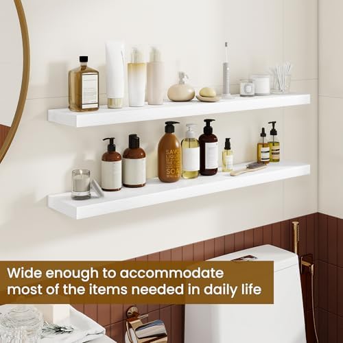 Dreamland 40Inch Floating Shelves for Wall, Rustic Wooden White Floating Shelves for Living Room, Kitchen, Farmhouse, Deep Wall Mounted Book Shelf, Wood Storage Display Shelf for Home Decor, Set of 2 - Image 4