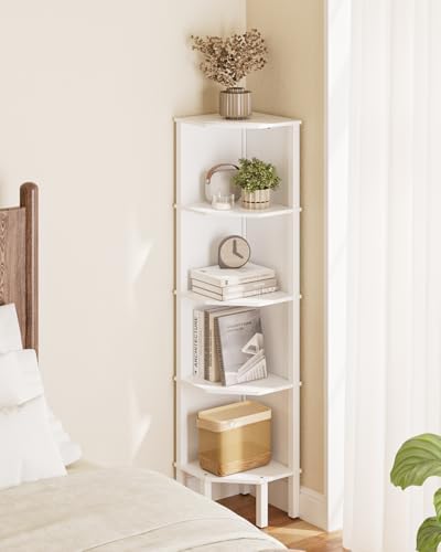 Corner Shelf, 5 Tier Corner Bookshelf, Display Corner Shelf Stand with Storage Rack, Wall Corner Bookshelf for Living Room, Bedroom, Office, White - Image 4